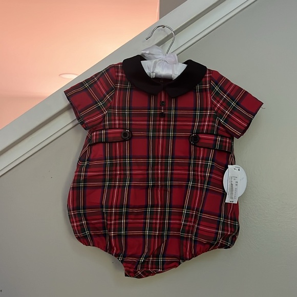 Edgehill Collection Baby Boys Short Sleeve Velvet Collar Plaid Bubble - Picture 2 of 10